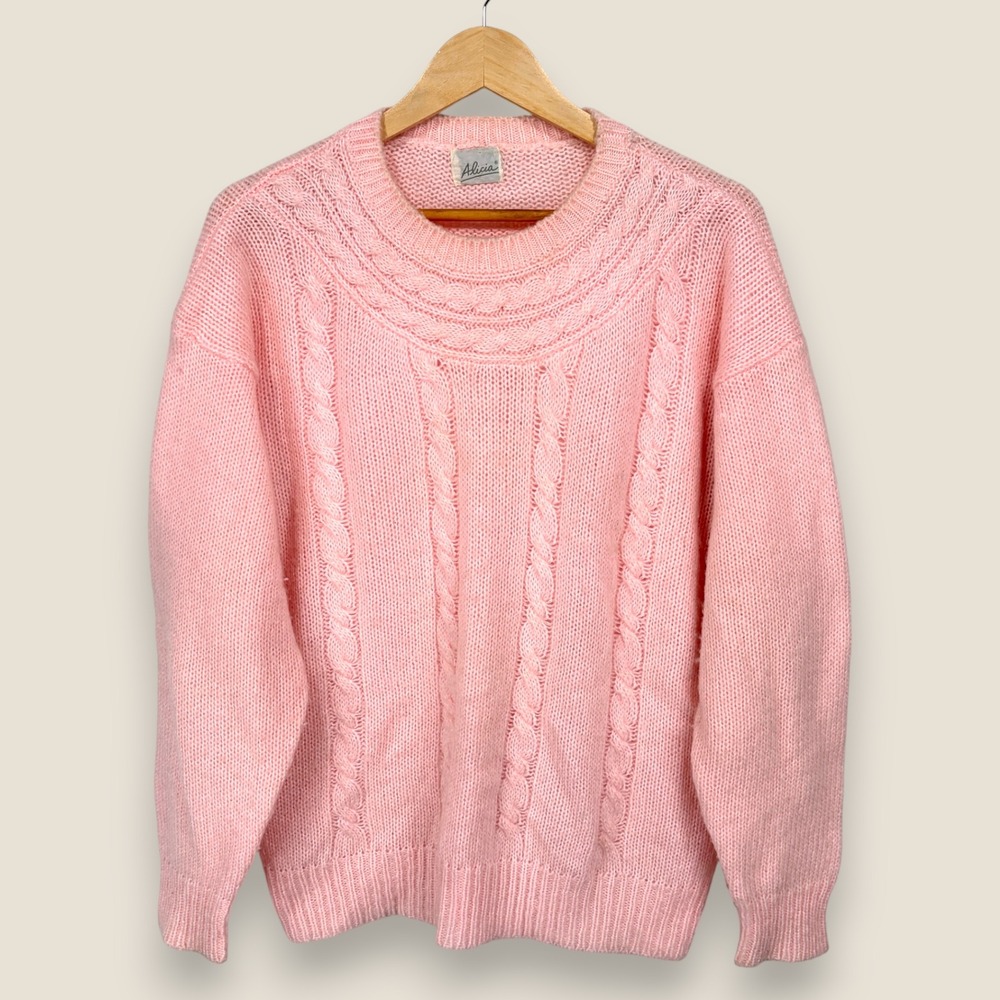 Vintage Alicia Cable Knit Sweater Women Large Pink Crew Neck Cozy Pullover